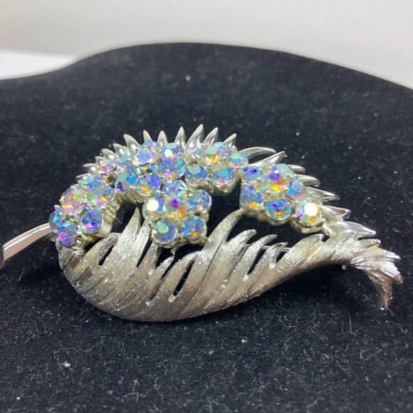 Vintage Coro Silver and AB Rhinestone Leaf Brooch